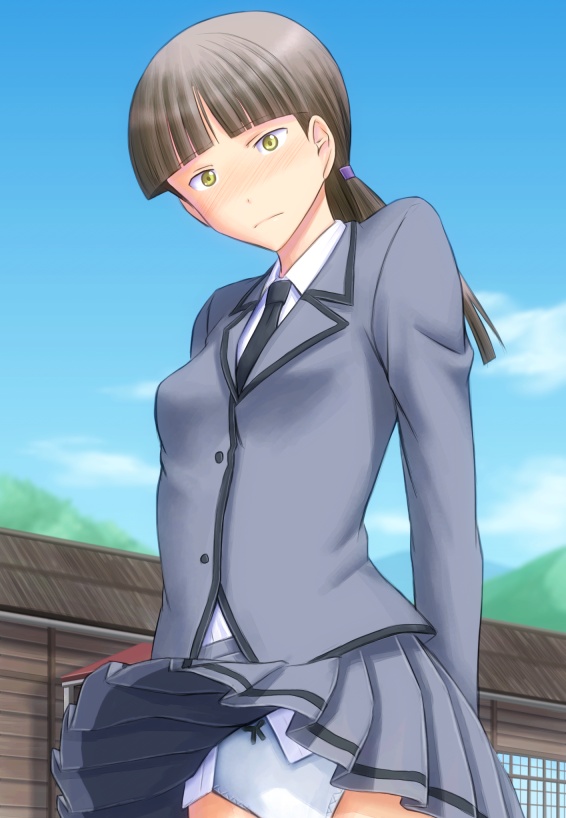 1girl, ansatsu_kyoushitsu, black_necktie, blush, bonnie_(rsg), grey_hair, grey_skirt, kataoka_megu