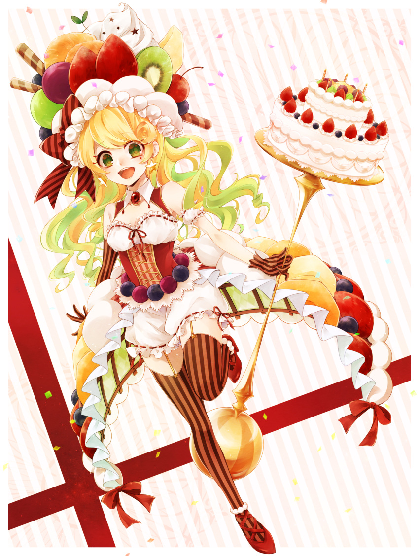 1girl, :d, absurdres, blonde_hair, blueberry, bow, breasts, cake