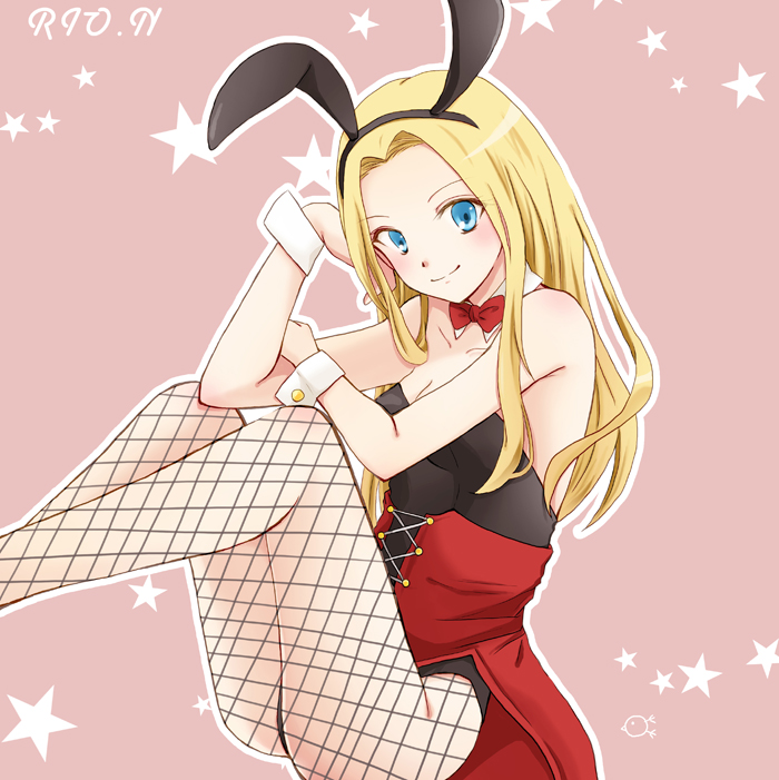 1girl, animal_ears, ansatsu_kyoushitsu, blonde_hair, blue_eyes, blush, bow, bowtie, bunnysuit, cuffs, fake_animal_ears, fishnet_pantyhose, fishnets, nakamura_rio, pantyhose, rabbit_ears, smile