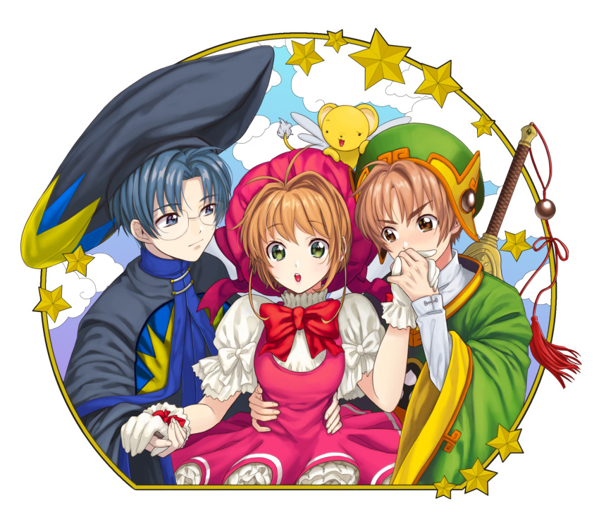 1girl, 2boys, blue_eyes, blue_hair, blush, bow, boy_sandwich, brown_eyes, brown_hair, cardcaptor_sakura, clouds, cloudy_sky, dress, gloves, green_eyes, hand_kiss, hat, highres, hiiragizawa_eriol, holding_hand, holding_hands, kero, kinomoto_sakura, kiss, li_xiaolang, looking_at_another, looking_at_viewer, mascot, multiple_boys, open_mouth, sandwiched, sky, star, waist_hold, white_gloves, yellow_border, zaike