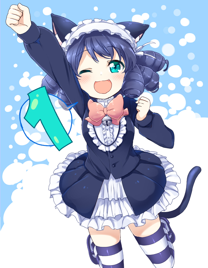 1girl, ;d, animal_ears, bell, black_hair, blush, cat_ears, cat_tail