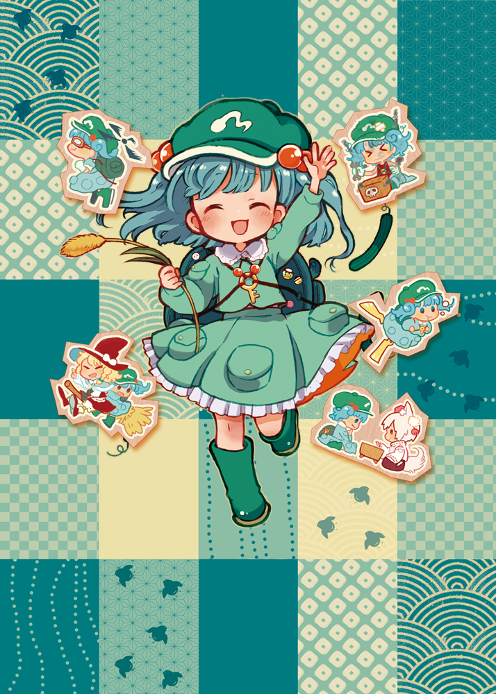 1girl, animal_ears, arm_up, backpack, bag, blue_hair, blush, boots, broom, broom_riding, capelet, chibi, closed_eyes, full_body, hair_bobbles, hair_ornament, hat, inubashiri_momiji, kawashiro_nitori, key, kirisame_marisa, long_sleeves, open_mouth, rubber_boots, shirt, sitting, skirt, skirt_set, smile, tail, tokin_hat, touhou, twintails, wataori_(ippuku_shimasho), witch_hat, wolf_ears, wolf_tail