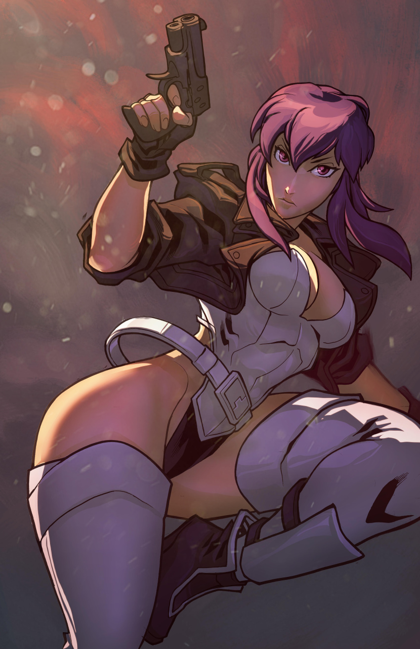 1girl, absurdres, breasts, cleavage, cropped_jacket, edwin_huang, ghost_in_the_shell, gun, handgun, highres, kusanagi_motoko, leotard, purple_hair, solo, thigh-highs, weapon