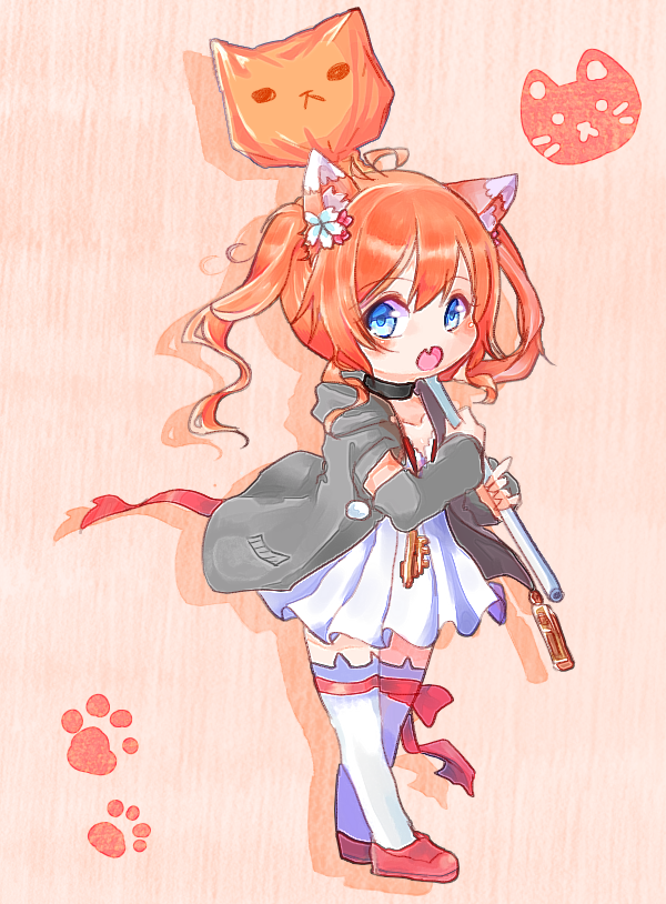 1girl, :o, animal_ears, blue_eyes, candy, choker, fang, flower