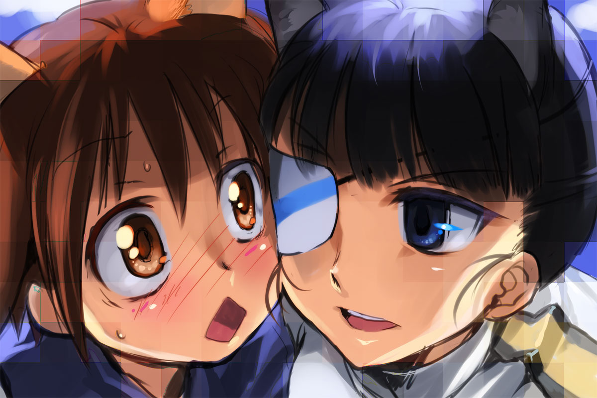 2girls, :<>, andou_syuuki, animal_ears, bad_id, black_hair, blue_eyes, blue_hair, blush, brown_eyes, brown_hair, cheek_to_cheek, close_up, emberassed, eyepatch, miyafuji_yoshika, multiple_girls, sakamoto_mio, strike_witches, suprise, sweat, werk