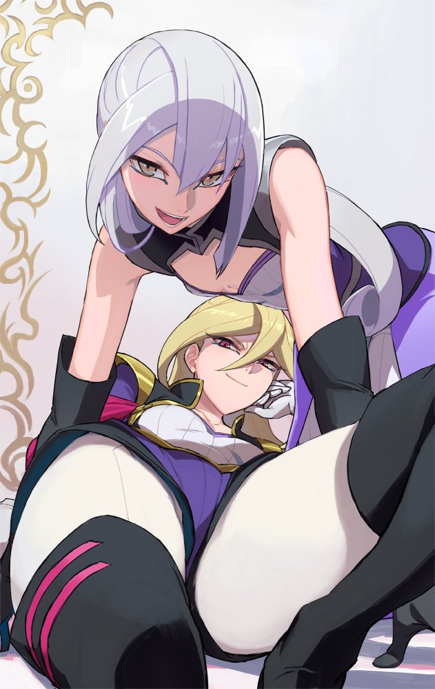 2girls, all_fours, blonde_hair, boots, foreshortening, gloria_tyler, gloves, grace_tyler, long_hair, lying, multiple_girls, on_back, open_mouth, red_eyes, siblings, silver_hair, smile, thigh-highs, thigh_boots, twins, washi_no_tosaka, yellow_eyes, yuu-gi-ou, yuu-gi-ou_arc-v