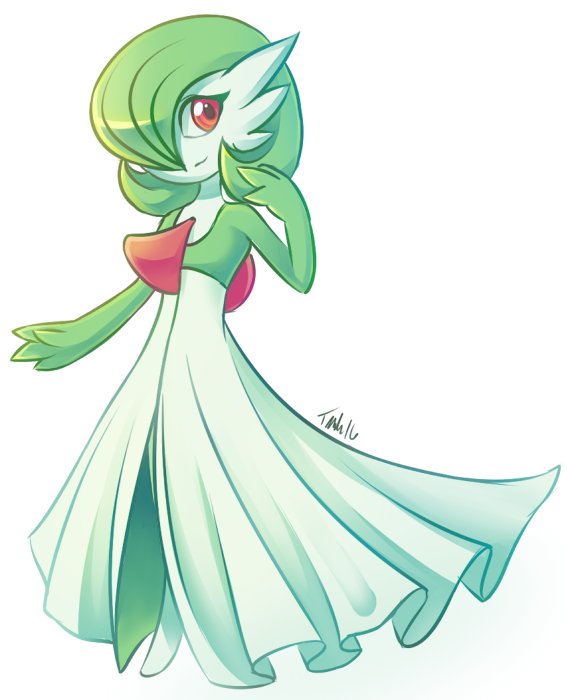 full_body, gardevoir, green_hair, no_humans, pokemon, pokemon_(creature), red_eyes, signature, solo, xerachiel