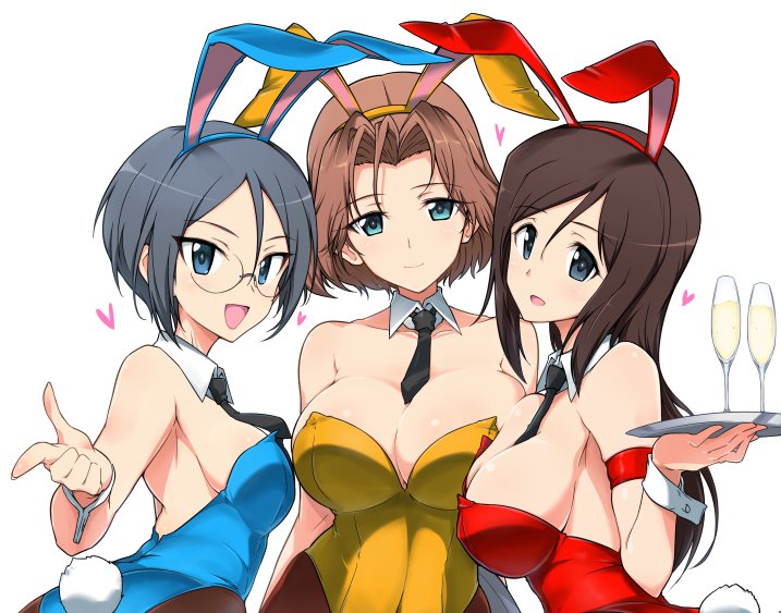 3girls, animal_ears, armband, azumi_(girls_und_panzer), bangs, bare_shoulders, between_breasts, black_hair