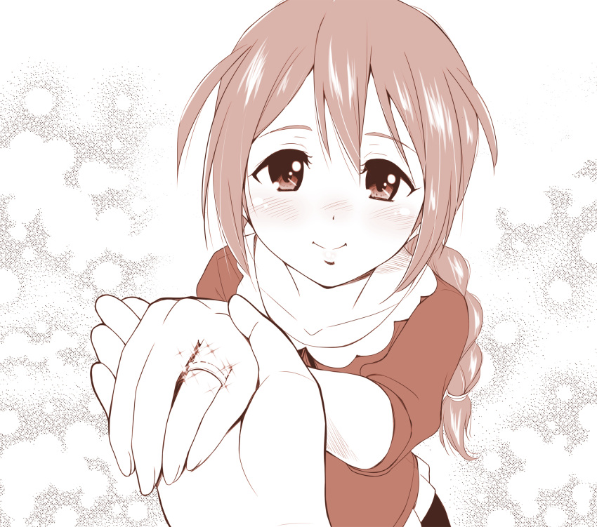 1girl, baba_konomi, blush, braid, hair_flaps, highres, holding_hands, idolmaster, idolmaster_million_live!, jewelry, long_hair, looking_at_viewer, monochrome, ooshiro_youkou, pov, ring, single_braid, smile, solo_focus, wedding_band