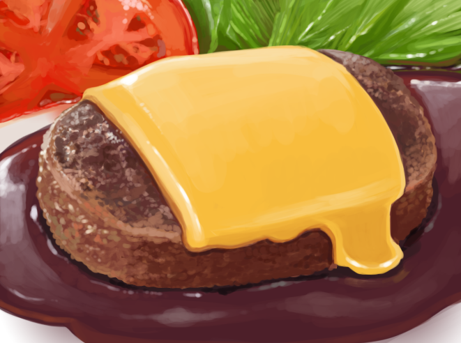 cheese, food, hamburger_steak, iraken, meat, melting, no_humans, original, tomato, vegetable