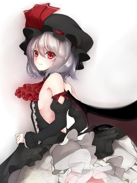 1girl, alternate_costume, bat_wings, black_hat, black_skirt, blush, breasts, commentary_request, dress, frilled_skirt, frills, hat, hat_ribbon, long_sleeves, looking_at_viewer, looking_to_the_side, red_eyes, red_ribbon, remilia_scarlet, ribbon, sideboob, silver_hair, skirt, solo, touhou, utakata_(kochou_no_yume), wings