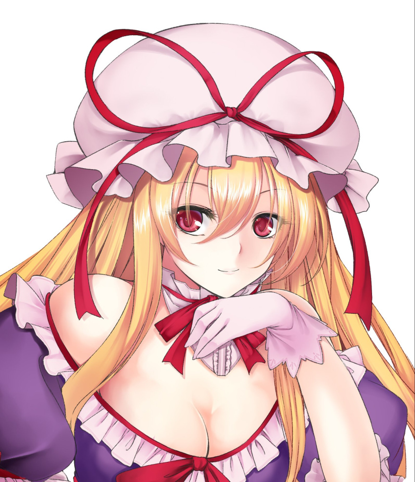 1girl, blonde_hair, breasts, cleavage, commentary_request, frills, glover, hand_on_own_chin