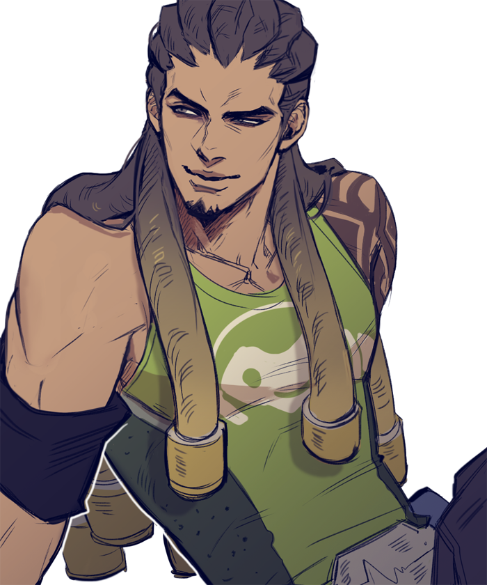 1boy, armband, bare_shoulders, beard, brown_eyes, brown_hair, dark_skin, facial_hair
