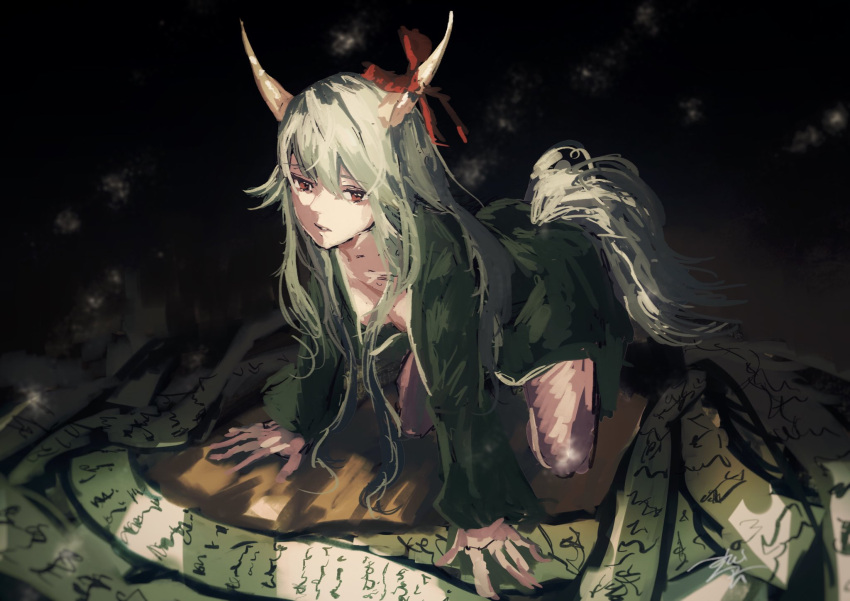 1girl, all_fours, artist_name, breasts, cleavage, ex-keine, green_hair, highres