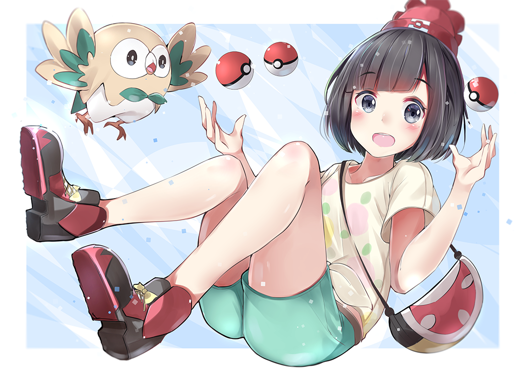 :d, ankle_boots, aqua_shorts, bag, bangs, bare_legs, beak, beanie, bird, black_eyes, blue_background, blunt_bangs, blush, boots, border, female_protagonist_(pokemon_sm), flying, full_body, green_shorts, handbag, hat, neku_(neku_draw), open_mouth, outstretched_wings, over_shoulder, owl, poke_ball, pokemon, pokemon_(creature), pokemon_(game), pokemon_sm, red_boots, red_hat, rowlet, shirt, shoe_soles, short_hair, short_sleeves, shorts, smile, tareme, white_border, yellow_shirt