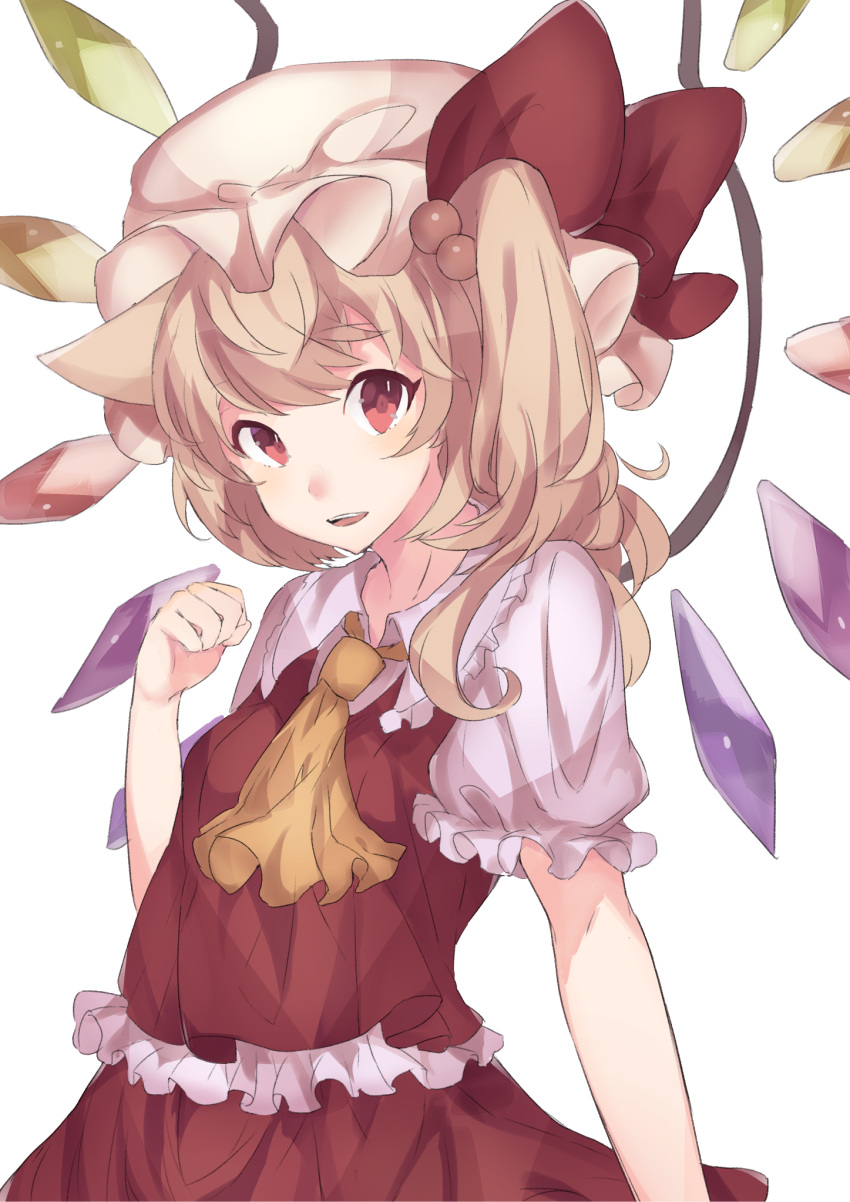 1girl, blonde_hair, bow, cowboy_shot, crystal, demon_wings, flandre_scarlet, frilled_shirt_collar