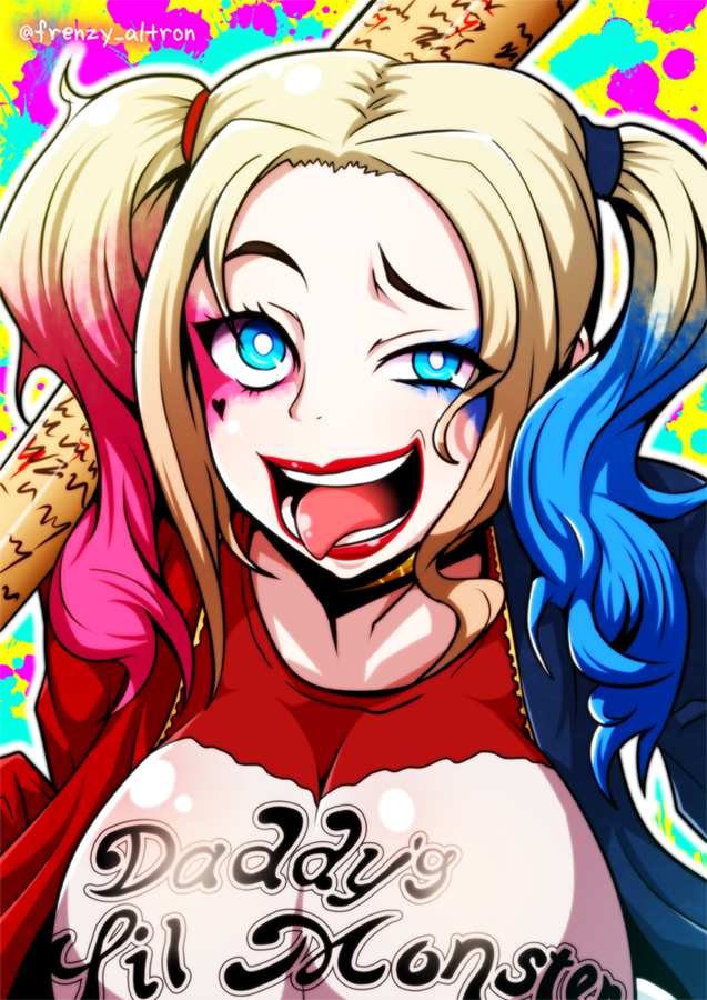 1girl, batman_(series), blonde_hair, blue_eyes, blue_hair, breasts, dc_comics, harley_quinn