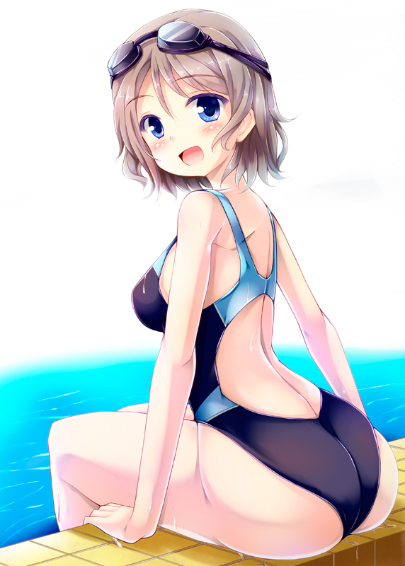 1girl, :d, ass, back, blonde_hair, blue_eyes, breasts, competition_swimsuit