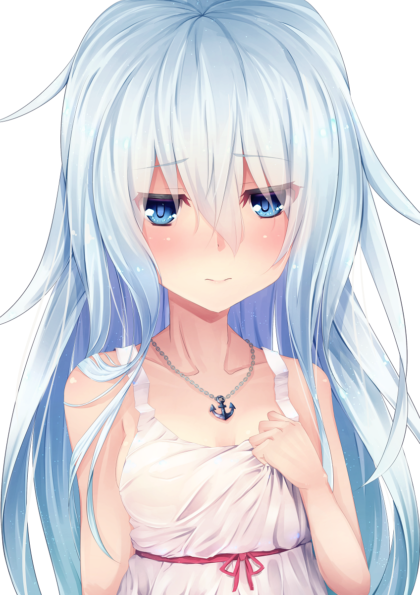 1girl, 3:, alternate_costume, anchor, bangs, bare_shoulders, blue_eyes, breasts