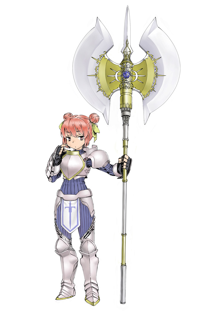 1girl, armor, armored_boots, axe, battle_axe, black_gloves, boots, breastplate, double_bun, fingerless_gloves, gloves, hachinan_tte_sore_wa_nai_deshou!, hair_ribbon, muhamado, oversized_object, pink_hair, ribbon, shoulder_armor, solo, standing, vilma_etre_von_asgahan, weapon, white_background