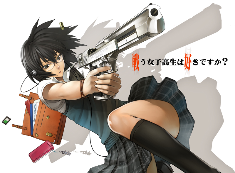black_hair, bracelet, casing_ejection, cellphone, cellphone_strap, desert_eagle, dutch_angle, earbuds