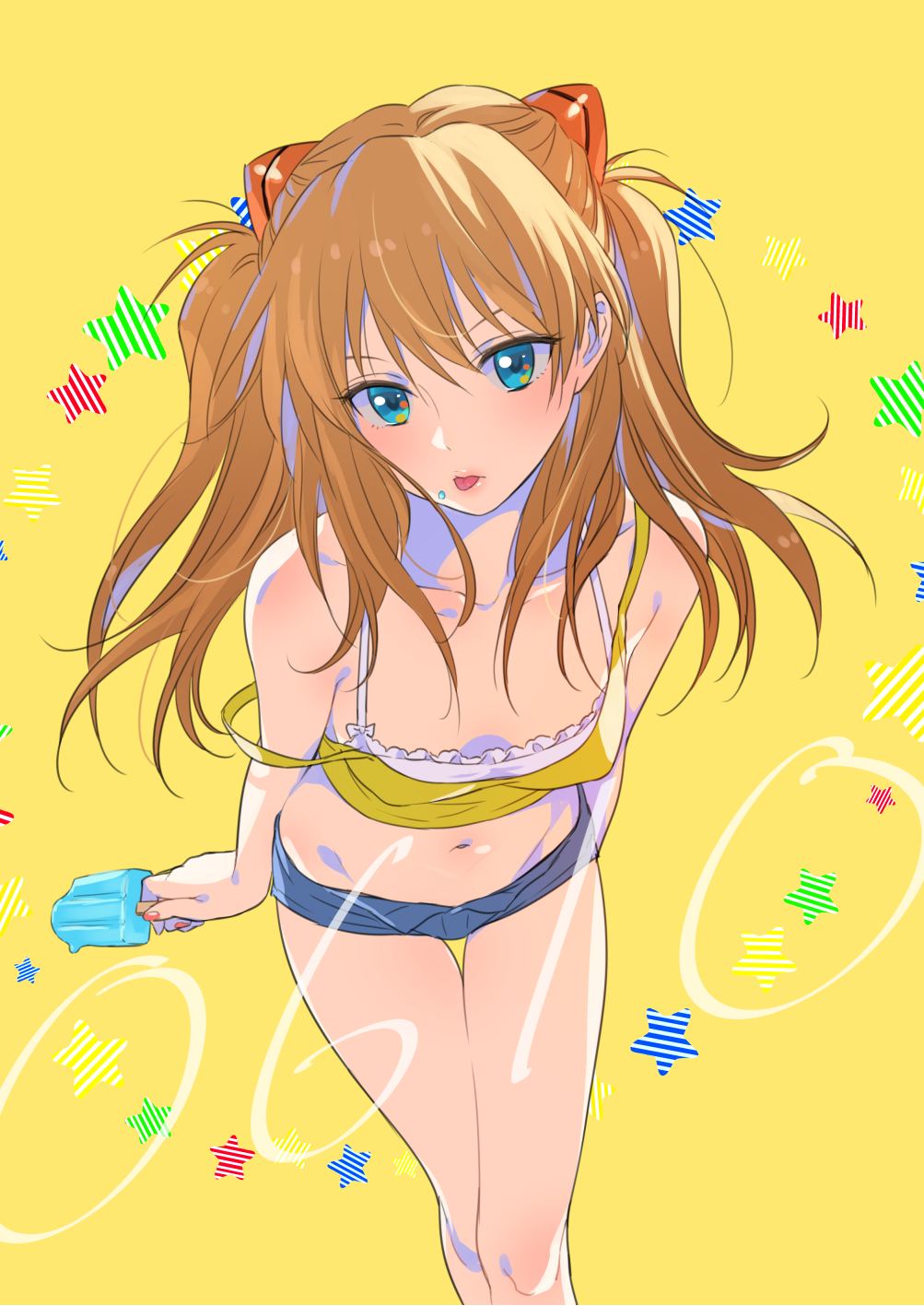 1girl, :p, bangs, bare_shoulders, blue_eyes, blue_shorts, blush, bow, bow_bra, bra, breasts, casual, cleavage, collarbone, crop_top, dated, diagonal_stripes, eyebrows, eyebrows_behind_hair, eyelashes, eyelashes_visible_through_hair, facing_viewer, feet_out_of_frame, food, food_on_face, frills, from_above, groin, hair_ornament, highres, holding, ice_cream, leaning_forward, legs_together, light_brown_eyebrows, light_brown_hair, long_hair, looking_at_viewer, midriff, morikura_en, nail_polish, navel, neon_genesis_evangelion, off_shoulder, open_fly, popsicle, red_nails, short_shorts, shorts, simple_background, skinny, small_breasts, solo, souryuu_asuka_langley, standing, star, starry_background, strap_slip, striped, thigh_gap, thighs, tongue, tongue_out, two_side_up, underwear, white_bra, yellow_background
