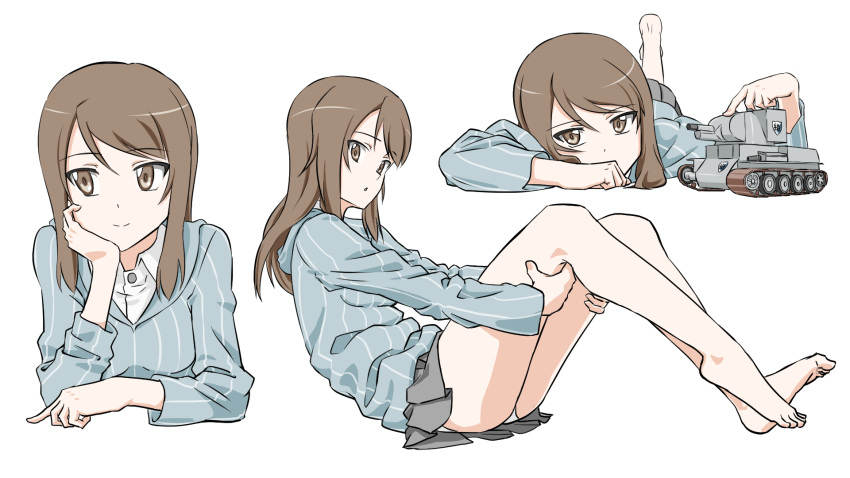 1girl, barefoot, blush, brown_eyes, brown_hair, bt-42, from_side, girls_und_panzer, ground_vehicle, hand_on_own_cheek, highres, ininfront, long_hair, looking_at_viewer, mika_(girls_und_panzer), military, military_vehicle, motor_vehicle, multiple_views, pinstripe_pattern, smile, solo, tank, vehicle
