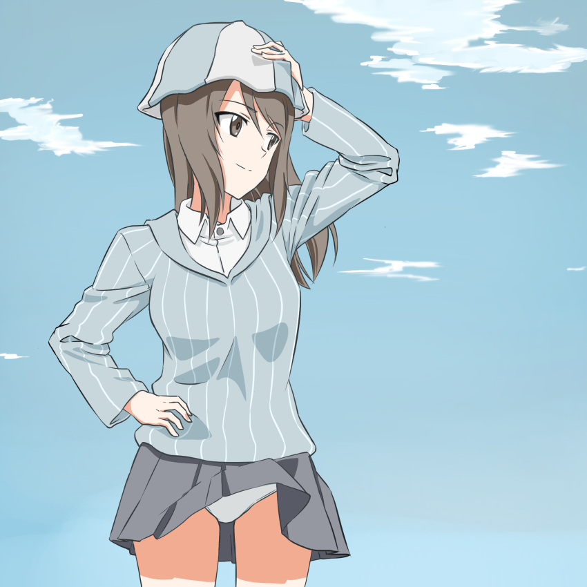 1girl, blush, brown_eyes, brown_hair, girls_und_panzer, hat, highres, ininfront, long_hair, mika_(girls_und_panzer), panties, pantyshot, smile, solo, underwear, wind, wind_lift