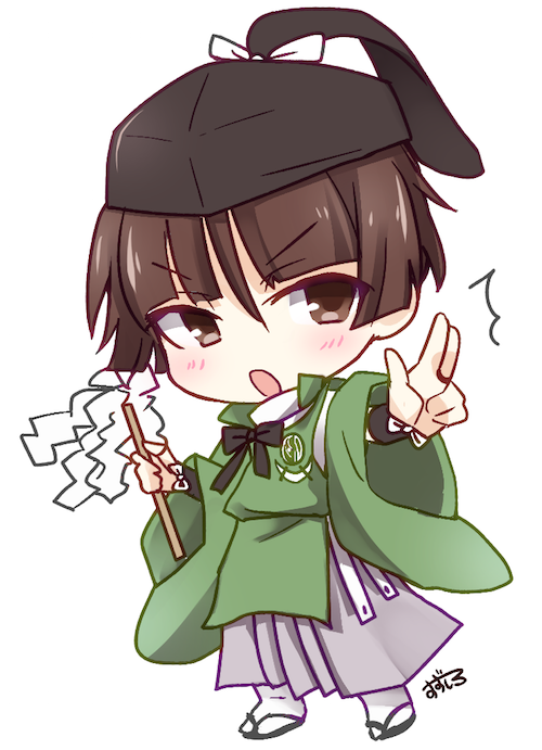 1boy, brown_eyes, brown_hair, chibi, gohei, hakama, hat, ishikirimaru