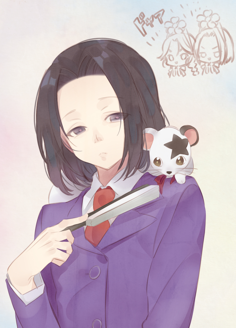 /\/\/\, 2girls, androgynous, animal, animal_on_shoulder, black_hair, buttons, character_request