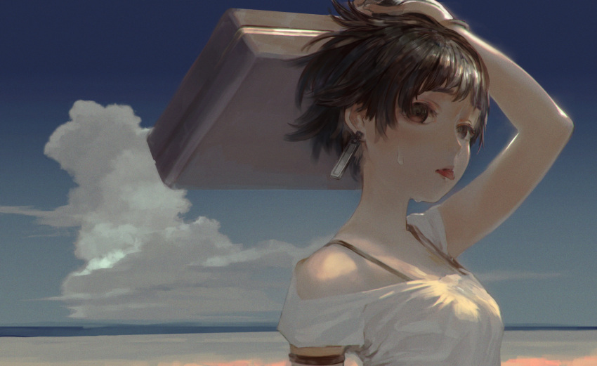1girl, :o, arm_up, armlet, bangs, beach, black_hair, blue_sky