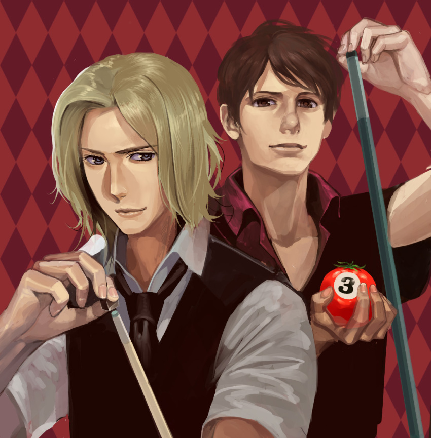 argyle, argyle_background, axis_powers_hetalia, billiards, blonde_hair, brown_hair, cue_stick, france_(hetalia), kaiseki, male, multiple_boys, pool_stick, power, realistic, red_background, short_hair, spain_(hetalia), tomato