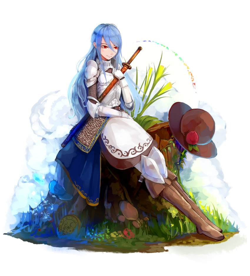1girl, absurdres, alternate_costume, armor, belt, blue_hair, boots, breastplate