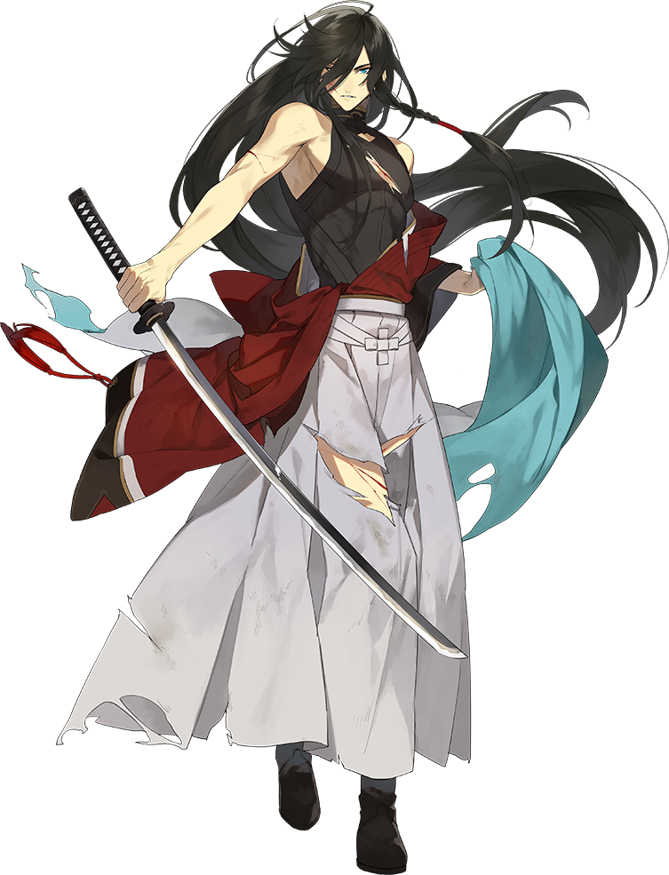 1boy, aqua_eyes, black_hair, full_body, hair_over_one_eye, izumi-no-kami_kanesada, japanese_clothes, katana