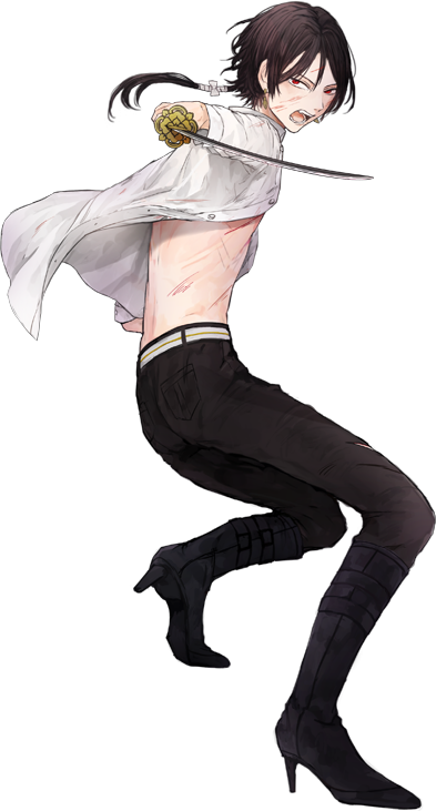 1boy, boots, brown_hair, full_body, high_heel_boots, high_heels, kashuu_kiyomitsu, katana, kumita_(sumica), long_hair, looking_at_viewer, male_focus, official_art, open_clothes, open_mouth, open_shirt, ponytail, red_eyes, shirt, simple_background, solo, sword, torn_clothes, touken_ranbu, transparent_background, weapon