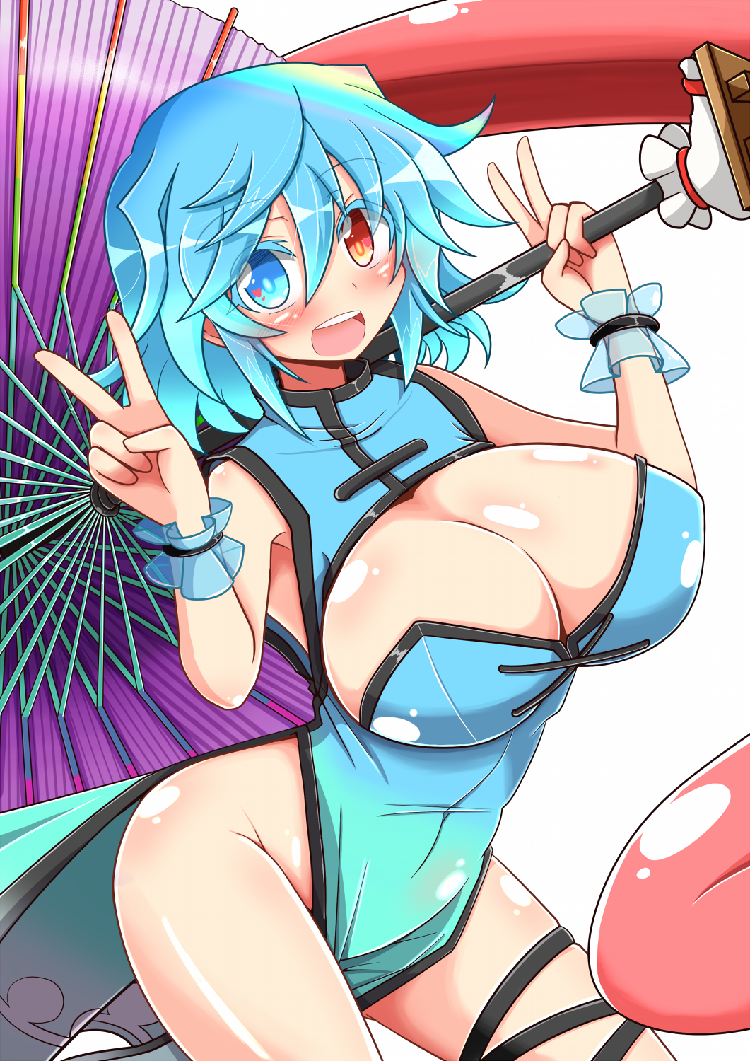 1girl, adapted_costume, bare_arms, blue_dress, blush, breasts, china_dress, chinese_clothes
