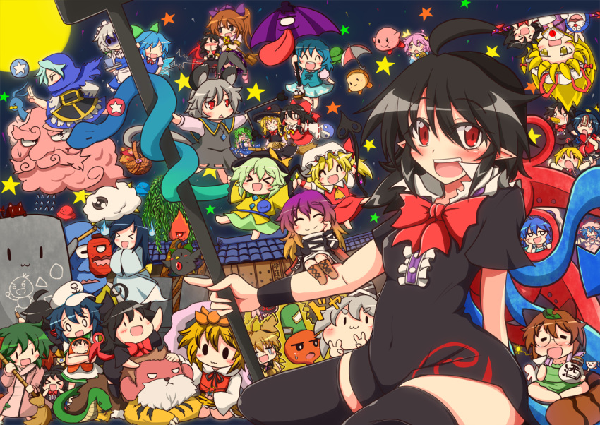 >_<, 6+girls, :d, ^_^, altaria, asymmetrical_wings, bamboo_broom, bat_wings