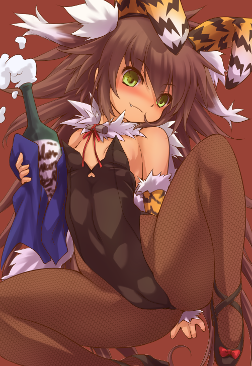 1girl, alcohol, animal_ears, bella_(sennen_sensou_aigis), bottle, brown_hair, bunnysuit, champagne