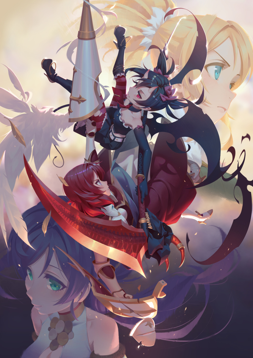 4girls, absurdres, alternate_costume, aqua_eyes, armor, armored_boots, armored_dress, attack, ayase_eli, bangs, battle, belt, black_boots, black_gloves, black_hair, black_skirt, black_wings, blonde_hair, blue_eyes, blue_hair, boots, bow, breastplate, breasts, broken_shield, cleavage, cleavage_cutout, closed_mouth, coin_(ornament), colored_eyelashes, contemporary, crop_top, demon_wings, detached_collar, dissolving, dress, dual_wielding, eyelashes, feathered_wings, flying_sweatdrops, frills, frown, gloves, hair_between_eyes, hair_bow, hair_ornament, halterneck, high_heel_boots, high_heels, highres, holding, holding_sword, holding_weapon, horns, jewelry, light_particles, long_hair, looking_at_another, looking_at_viewer, looking_away, love_live!_school_idol_project, low_twintails, midriff, multiple_girls, necktie, nishikino_maki, oni_horns, outstretched_arms, pantyhose, parted_lips, pink_bow, polearm, profile, projected_inset, purple_hair, red_dress, red_eyes, red_legwear, red_necktie, redhead, regition, ring, shade, shield, short_hair, skirt, skull, smile, strapless, striped, striped_legwear, sword, tie_clip, torn_clothes, torn_pantyhose, toujou_nozomi, transparent, transparent_weapon, twintails, vambraces, violet_eyes, weapon, white_boots, white_gloves, wings, yazawa_nico