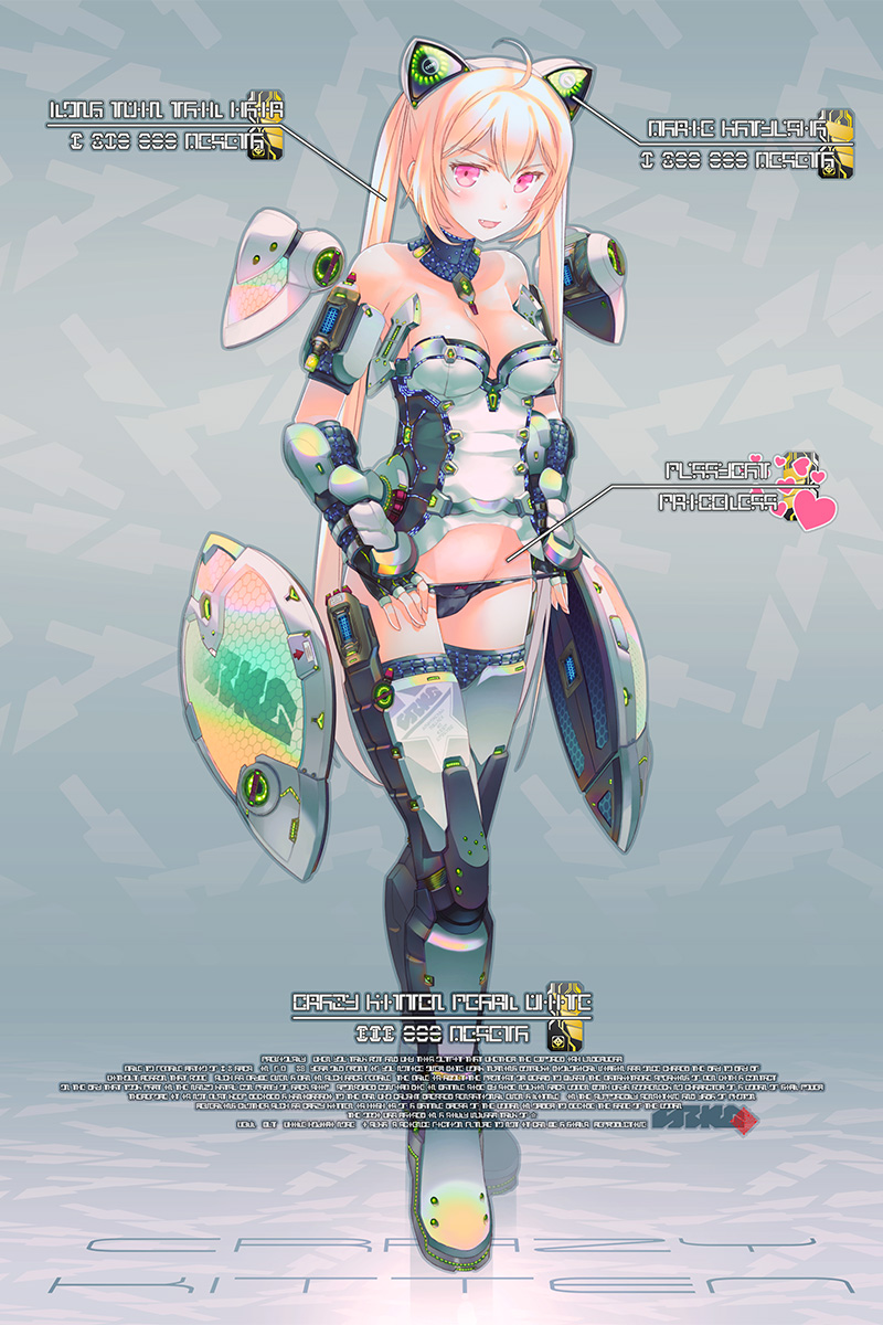 1girl, ahoge, animal_ears, armor, armored_boots, blonde_hair, boots, cat_ears, choker, commentary_request, crazy_kitten, fang, fingerless_gloves, floating_clothes, gauntlets, gloves, hexagon, highres, hisoca, lowleg, lowleg_panties, mechanical_ears, original, panties, panty_pull, phantasy_star, phantasy_star_online_2, pink_eyes, solo, tan, tanline, thigh-highs, thigh_boots, twintails, underwear
