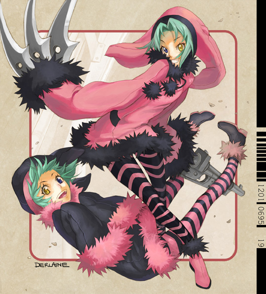 derlaine, dogs:_bullets_&amp;_carnage, dogs_(manga), green_hair, gun, hat, heterochromia, knife