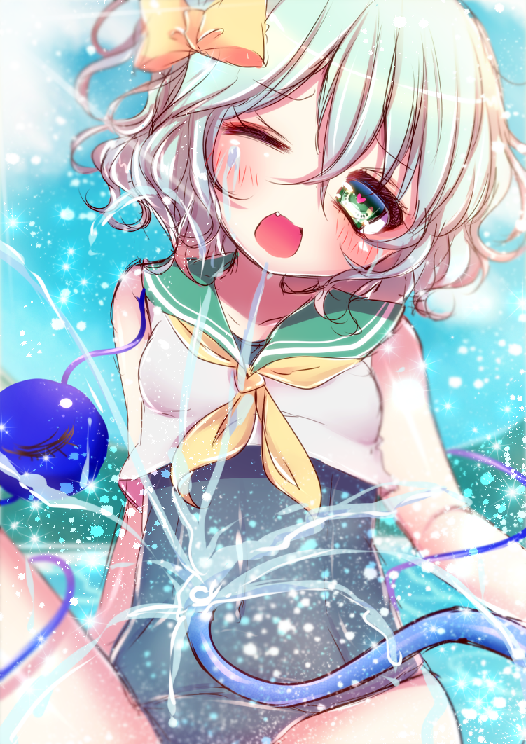 1girl, bow, fang, green_eyes, green_hair, hair_bow, heart, heart-shaped_pupils