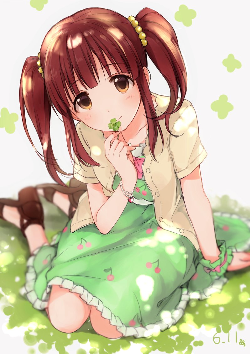1girl, brown_eyes, brown_hair, cherry, clover, dress, food, four-leaf_clover