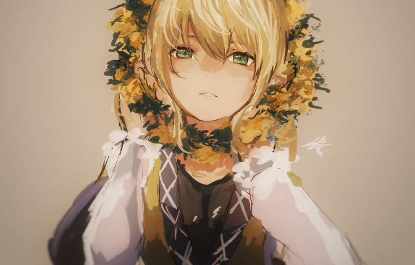 1girl, arm_warmers, blonde_hair, green_eyes, hair_between_eyes, head_wreath, highres, kohzuki_kei