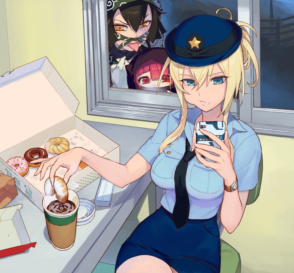 3girls, black_hair, blonde_hair, blue_eyes, breasts, cellphone, coffee, coffee_cup, cup, doughnut, doughnut_box, eating, female_service_cap, food, food_on_face, lid, multiple_girls, necktie, pastry_box, pencil_skirt, phone, pink_hair, police, police_uniform, policewoman, red_eyes, sitting, skirt, smartphone, thief, tongue, tongue_out, uniform, washi_no_tosaka, watch
