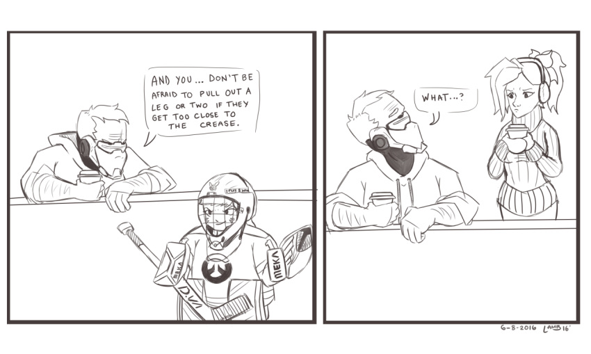1boy, 2girls, child, coffee, comic, d.va_(overwatch), earmuffs, face_mask