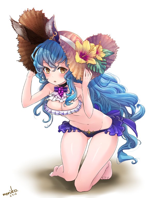 1girl, :o, animal_ears, artist_name, ass_visible_through_thighs, bare_shoulders, barefoot, bikini