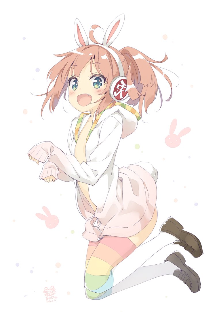 1girl, :d, aqua_eyes, bemani, blush, bunny_headphones, fang, headphones