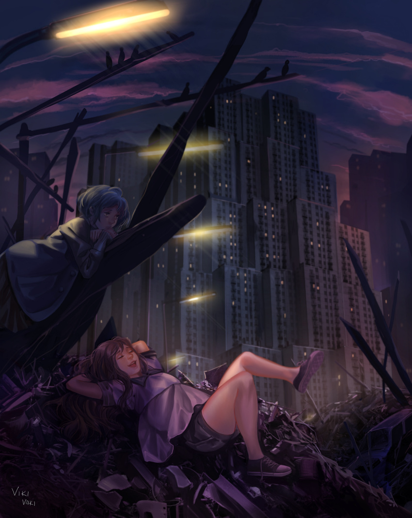2girls, :/, :d, arms_behind_head, artist_name, bird, blue_hair, brown_eyes