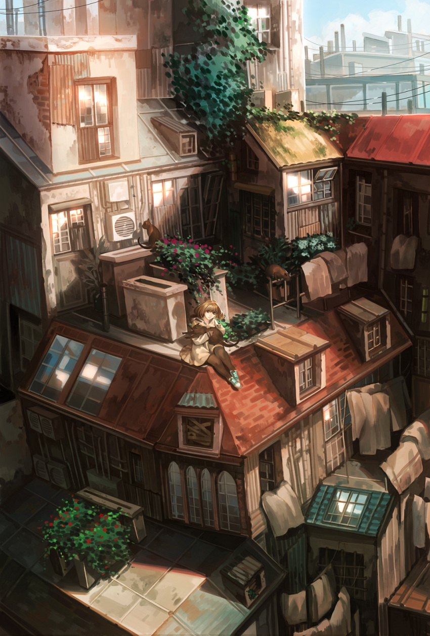 1girl, bed_sheet, black_legwear, brown_eyes, brown_hair, cat, chimney, closed_mouth